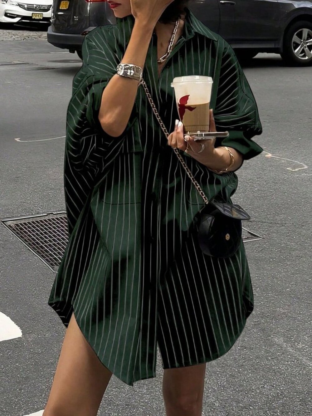 Green Casual Women's Loose Pocket with Button-Up Long Sleeves